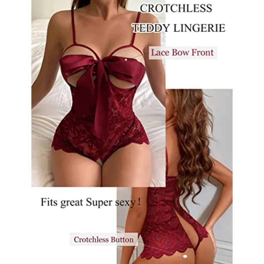 Women Teddy Lingerie Floral Lace Bodysuit Bow Front One Pcs Babydoll Mini Bodysuit S-XXL