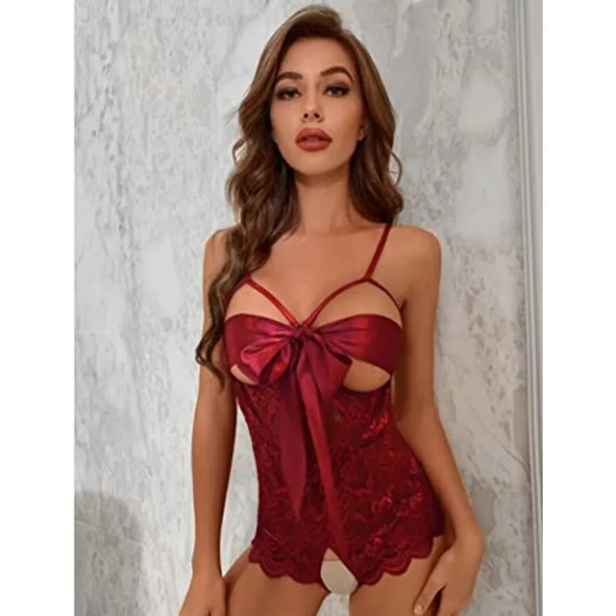 Women Teddy Lingerie Floral Lace Bodysuit Bow Front One Pcs Babydoll Mini Bodysuit S-XXL
